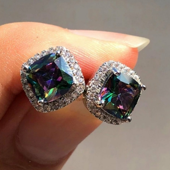 NEW Cushion Mystic Topaz Diamond Halo Earrings - Picture 3 of 5
